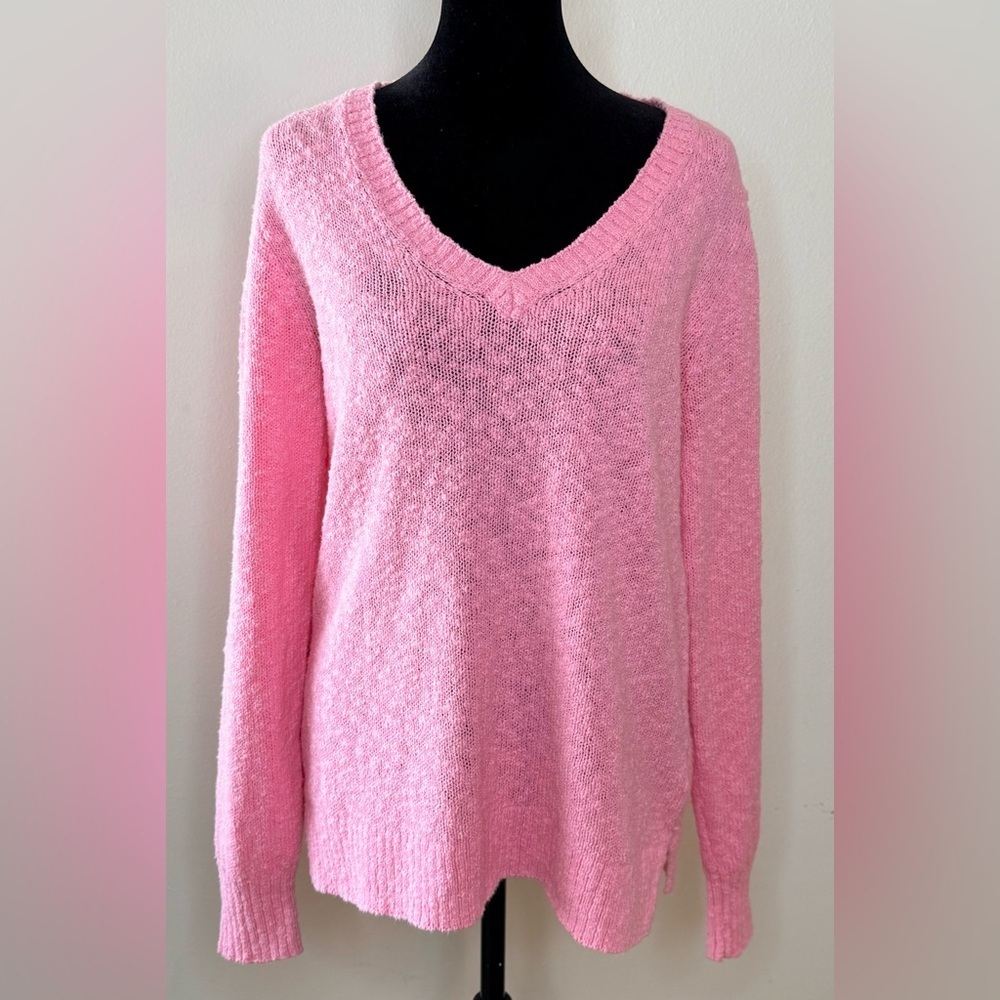 J Crew bubblegum Pink oversized soft comfy cotton V neck slub sweater small EUC